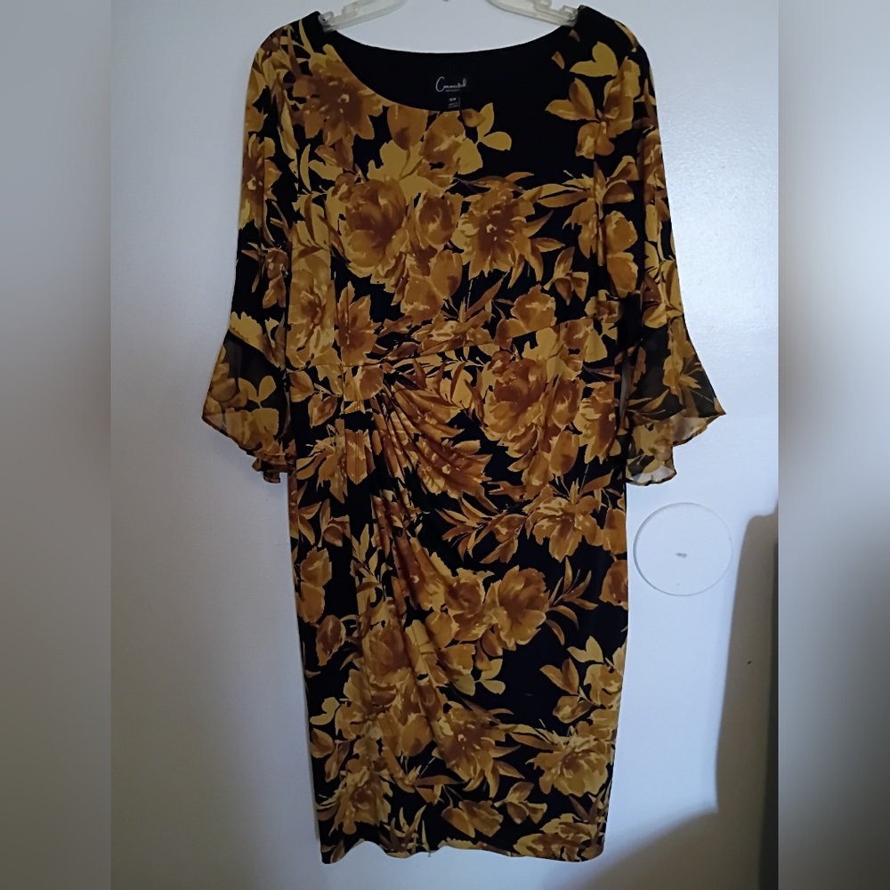 Connected Apparel Women's Black and Gold Floral Dress Sz 16 W
